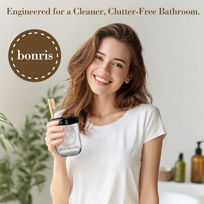 2Pcs Mason Jar Toothbrush Holder 16oz Glass with Rustproof Stainless Steel - Farmhouse Décor Bathroom Toothbrush Holder（Black）