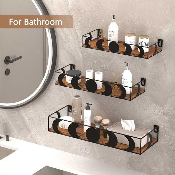 PHAREGE Black and Brown Moon Phase Floating Wall Shelves Set of 3 | Decorative Small Shelves for Bedroom Kid Room, Display Shelf for Crystal Collectibles Figurine