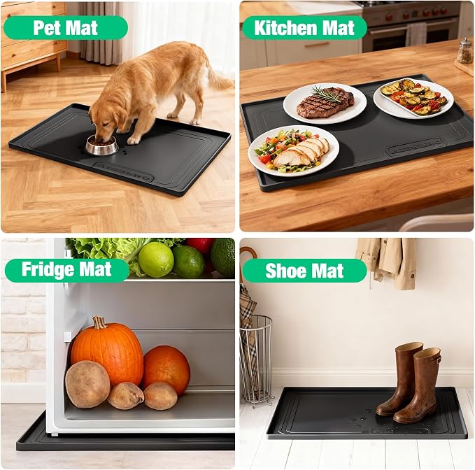 Aisslro Under Sink Mat 22" X 19", Waterproof Silicone Cabinet Organizer Protector with Raised Edge, Kitchen & Bathroom Leak Tray, Shelf Liner & Pet Feeding Mat for Dog Cat Food Mats, Black