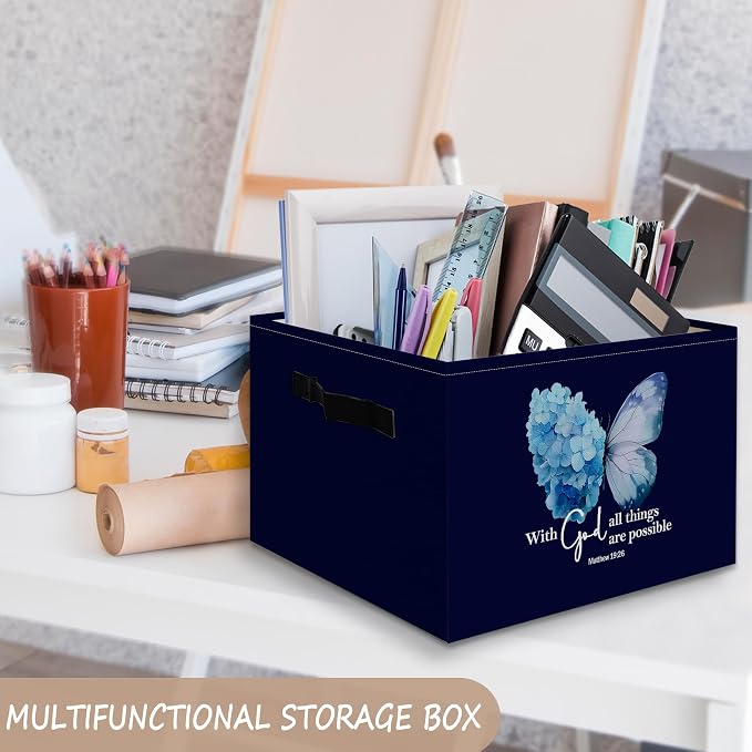 Navy Blue Christian Butterfly Foldable Storage Bins Box with Handles, With God All Things Are Possible Bible Verse Collapsible Organizer Basket for Bedroom Bathroom Clothes Toys Books
