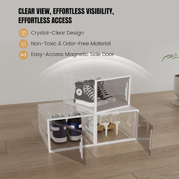 6 Pack Shoe Storage Box Organizer, Clear Thicken Stackable Plastic Shoe Boxes with Magnetic Door, Sturdy Shoe Containers for Sneakers Boots, Easy to Assemble, Fit up to US Size 12(13.2"×10.6"×7.5")