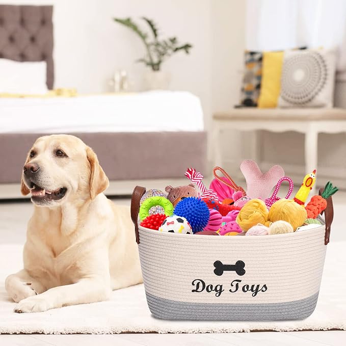 Geyecete X-Large Cotton Rope Dog Basket with Leather handle Blanket Storage Basket Decorative Clothes Hamper Basket | Extra Large Baskets for Blankets or Laundry-Beige/Gray