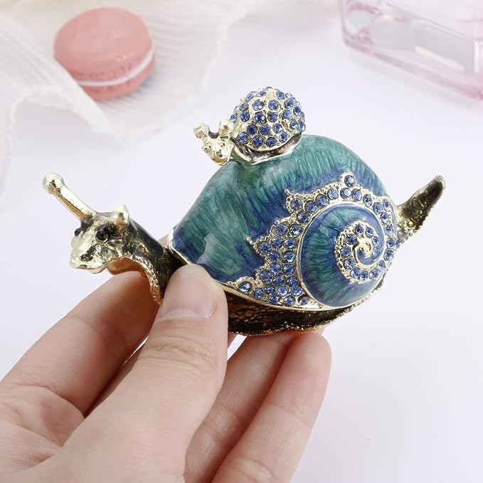 Hand Painted Animal Trinket Box for Home Decor, Hinged Jewelry Organizer Storage, Unique Personalized Collectible Keepsake Figurine Handmade Decorative Ornament Gifts (Snail)