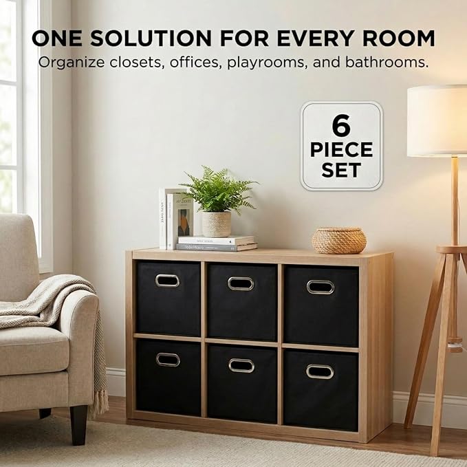Household Essentials Foldable Fabric Storage Bins 6 Piece Set, Strong Poly-Woven Fabric, Sturdy Chipboard Sides, Grommet Front Handle, Stackable, Classic Design, Black