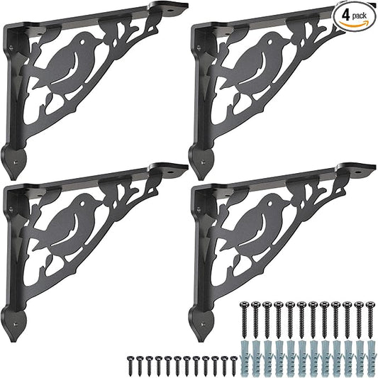 SELEWARE Heavy Duty Shelf Brackets 10 Inch, Bird Shelves Brackets, 300LB Capacity Decorative Metal L Brackets for Floating Shelves, Black Rustic Wall Mount Shelving Bracket with Screws, 4 Pack