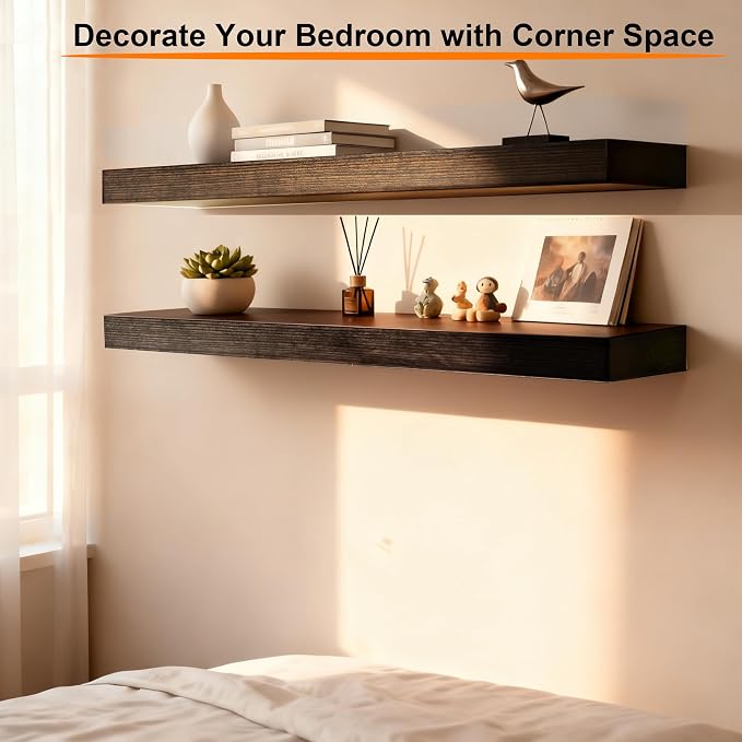 Floating Shelves for Wall,Wall Shelves for Decor Storage,Display Shelving 24 inch Set of 2,Wall Mounted Wood Shelf for Bedroom,Living Room,Bathroom,Kitchen,Brown (2pcs,Brown)