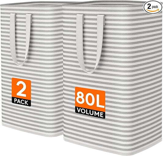 Lifewit 2 Pack Laundry Basket 80L Each, Collapsible Clothes Hamper with Reinforced Handles, Freestanding Waterproof Design for Bedroom and Laundry Room, Grey 160L Total