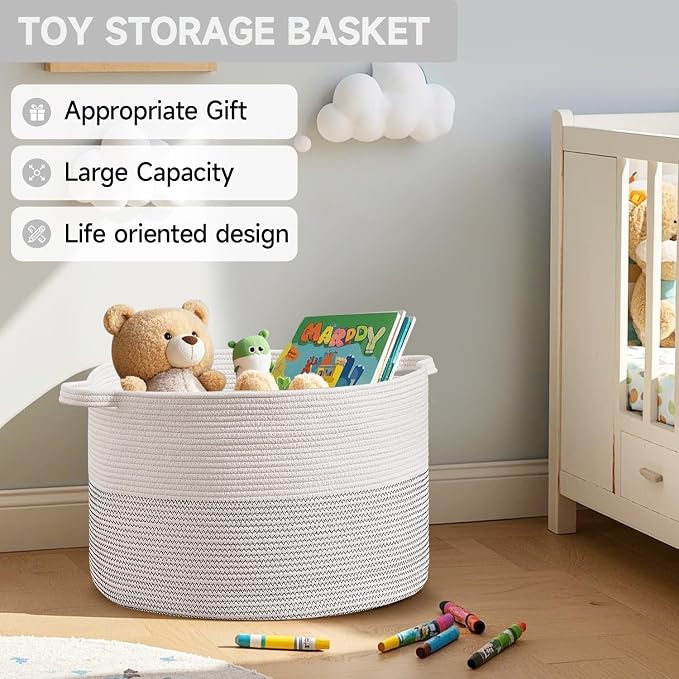 CLHMILY&Z Large Woven Storage Basket - 22x14.2 Inches - Modern Nursery Bin, Round Baby Toy Organizer, Soft Cotton Hamper for Home Decor, Multi-Purpose Home Tidy Solution