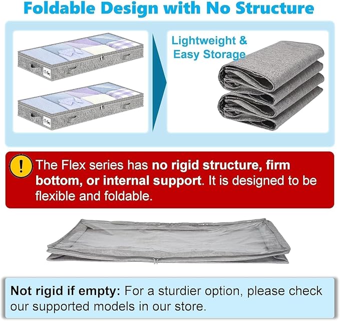 5 Inch Low Profile Under Bed Storage Drawer 4 Pack, Lightweight Underbed Clothes Storage Container Bins With NO STURCTURE, Shallow Storage Bag for Dorm & Home, With Clear Lids & Water-Resistant Fabric