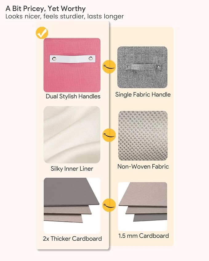 Cube Storage Bins | 13"x15"x13", Pink & White, 4 Pack | Multi-Size | 2X Thick Support Board | Vegan Leather Handles | 7.7 oz/yd² Fabric | Drawer Insert Basket Fits KALLAX