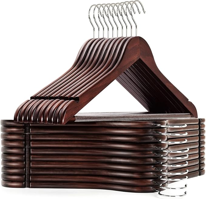 Amber Home 20 Pack Wooden Coat Hangers, Wood Suit Hangers, Walnut | Walnut Wood Suit Hangers with Non-slip Pant Bar, Clothes Hangers for Closet Organization, Shirts, Jackets, Dresses, and Pants