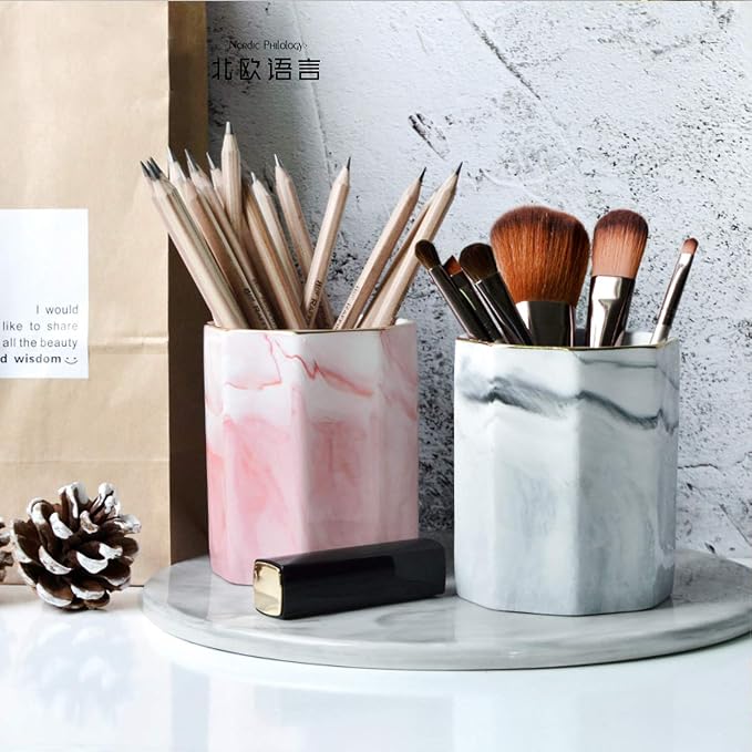 Pen Holder, Pencil Holder for Desk, Practical Ceramic Pencil Organizer, Decorative Makeup Brush Holder, Perfect Office Organization, Teacher Supplies, Gray Marble