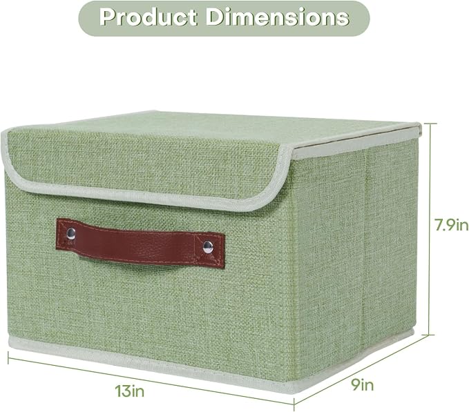 ANMINY 4PCS Storage Bin with Lid Storage Boxes with PU Leather Handles PP Plastic Board Decorative Foldable Lidded Cotton Linen Fabric Home Cubes Baskets Closet Organizer Container - Green, Medium