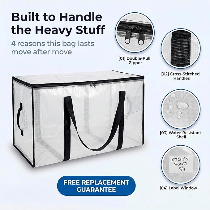 ClearSpace Oversized Moving Bags or Storage Bag – Large Moving Boxes with Backpack Straps, Zippers & Handles – Heavy-Duty Packing Bags for Moving, College Dorm, Christmas Decorations, 2 Pack