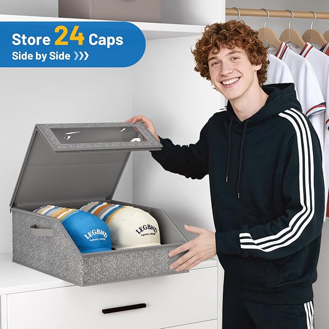 AOODA Sturdy Hat Storage for Baseball Caps, Holds up to 24 Caps Clear Hat Organizer for Closet, Bedroom, Wide Hat Box with Cardboard (Slate Grey)