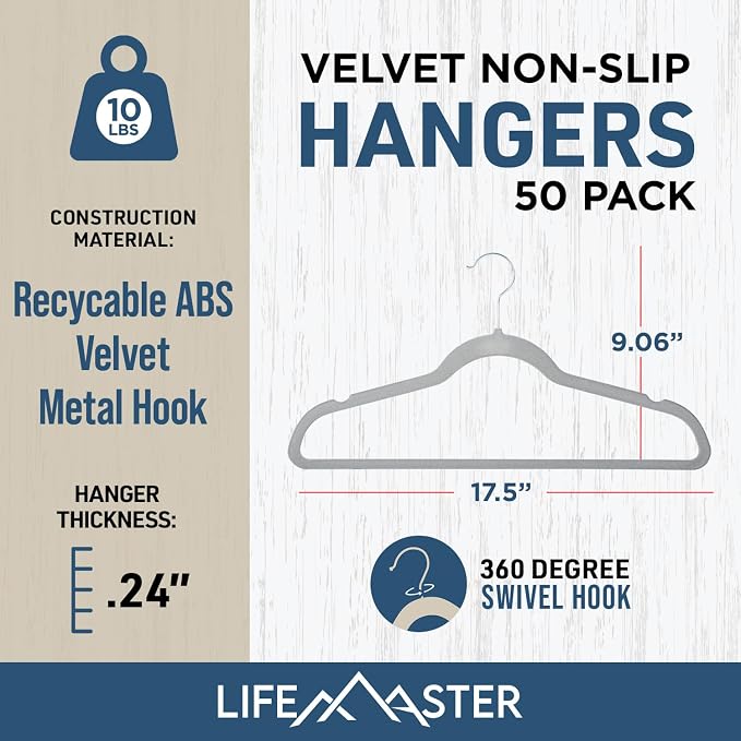 Lifemaster Velvet Non-Slip Hangers - 50 Pieces Non-Slip Coat Hanger Set with 360° Swivel Hook, Space-Saving, Sleek Design, Keep Closet Organized, Smooth Velvet Finish, Lightweight Construction - Gray