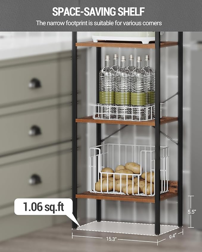 Hzuaneri Bookshelf, Book Shelf, Industrial Bookcase with 2 Hooks, Coner Shelf Storage Organizer for Home Office, Living Room, Bedroom, Kitchen, 5-Tier Rustic Brown BC10501B
