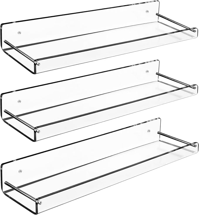 AMT 3 Pack Acrylic Floating Shelves, 15" L x 3.25" W, Clear Bathroom Wall Shelf, Bookshelves, Invisible Display for Office, Bedroom, Small Gap Allows Water to Escape, Free Screws & Drill Bit (Medium)