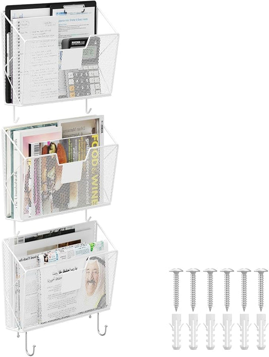OYEAL Hanging Wall File Organizer Holder 3 Pack Mesh Wall Mounted Magazine Holder with Hooks, Metal Wall Document Pocket Mail Organizer for Office/Home Organization and Storage, White
