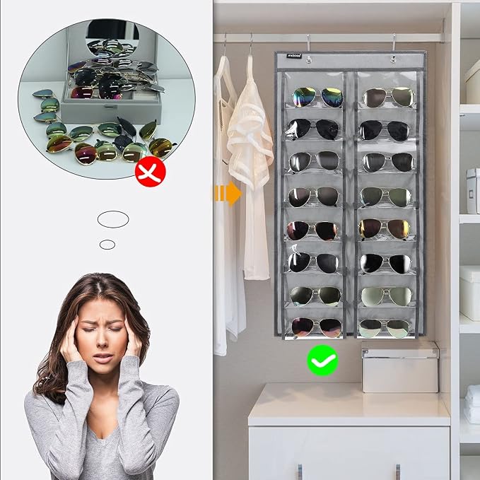 Over the Door Hanging Sunglasses Organizer Storage Sunglass Rack Holder Eyewear Display Case with 16 Clear Dust Proof Pockets (16 Pockets-Grey)