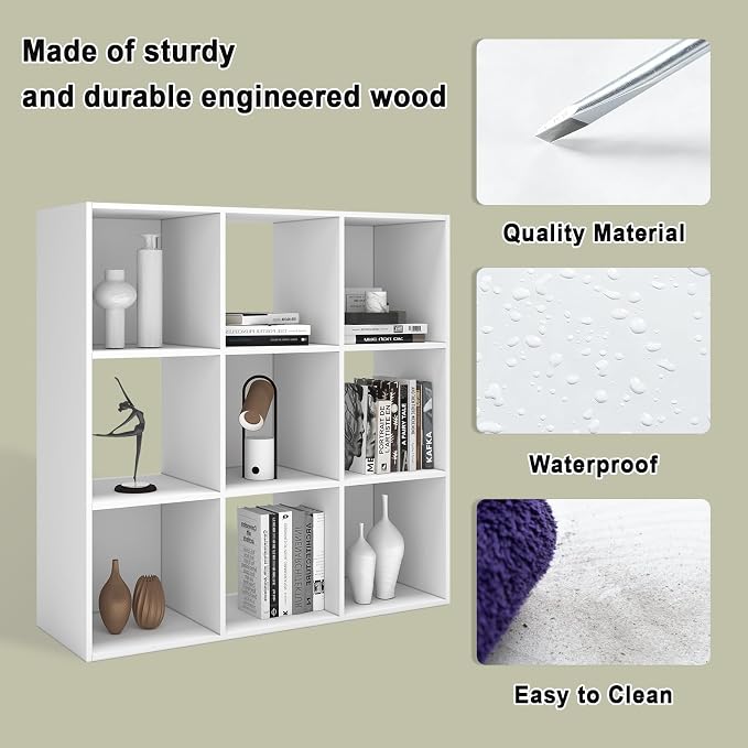 9 Cube Shelf with Anti-Tipping Kits + Reversible Open Back Bookcase, Multi Layer and Multi Grid Partition Layout (White 11in)