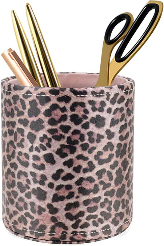 Pen Holder for Women Girls Desk Decor Pencil Cup for Decoration Durable Leather Desk Organizer Makeup Brush Holder, Classic Leopard
