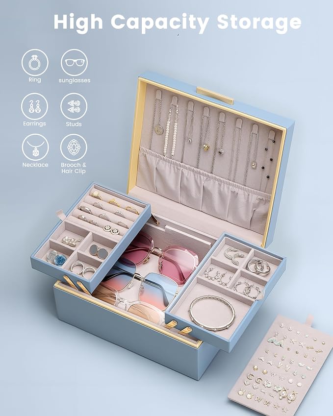 Lolalet Jewelry Box Organizer for Women Girls, 2 Layer Jewelry Organizers and Storage for Necklace Earrings Rings Bracelets, Large Jewellery Holder Case Birthday Gifts -HazeBlue