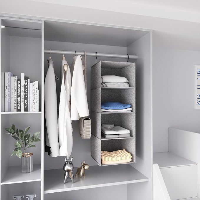Hanging Closet Organizer 4-Shelf, Oxford Linen Wardrobe Storage, Gray | Easy-mount foldable design holds clothes, handbags, shoes & accessories; washable Oxford fabric, sturdy and space-saving.