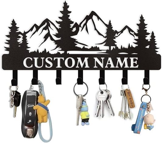 Dyoart Personalized Custom Mountain Theme Key Holder with Name, Metal Wall Mount, Coat Rack, Key Hooks, Home Decor Gift