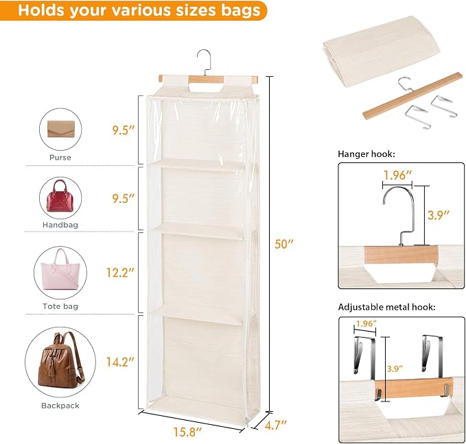 Syeeiex Over The Door Purse Organizer with Zippers, 4 Mesh Shelves,Clear Slubbed Fabric+PVC Hanging Closet Bag Organizer, Dustproof Handbag Closet Tote Storage Bag for Door, Wardrobe, Beige