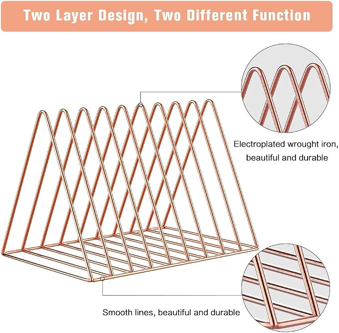 Files Folder Stand Desktop File Organizer, Triangle Wire Magazine Holder Book Shelf, 9 Slot File Sorter Eye-catching Decoration for Indoor Office Home, Photography props, Fashion in INS (Rose Gold)