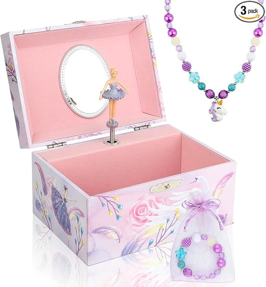 Girls' Musical Jewelry Box Organizer with Jewelry Set - Pink Purple Spinning Ballerina Theme, Swan Lake Tune - Jewelry Storage and Music Box for Girls