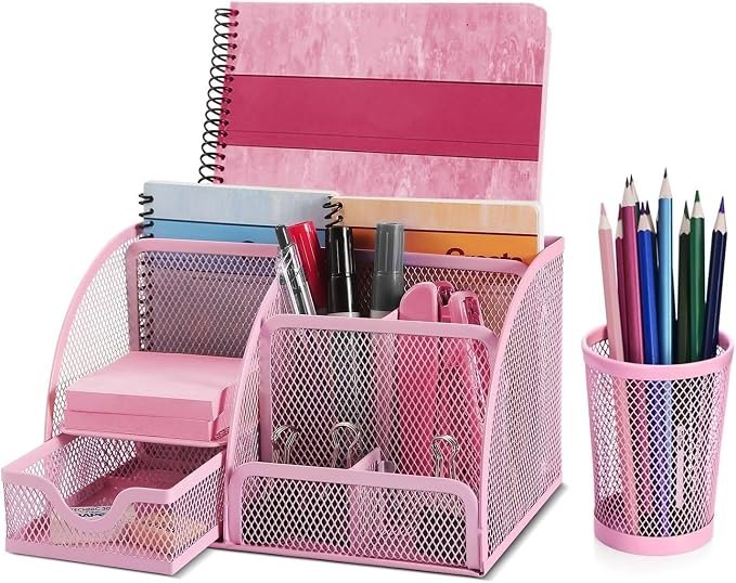 Flexzion Desk Top Caddy Organizer - Pink Office Desk Accessories Organizer and Storage - Metal Mesh Desk with 6 Compartments, Drawer and Pen Holder | Compact desktop caddy with separate pen holder; 8.7 x 5.5 x 5 in for office supplies, home study, or d...