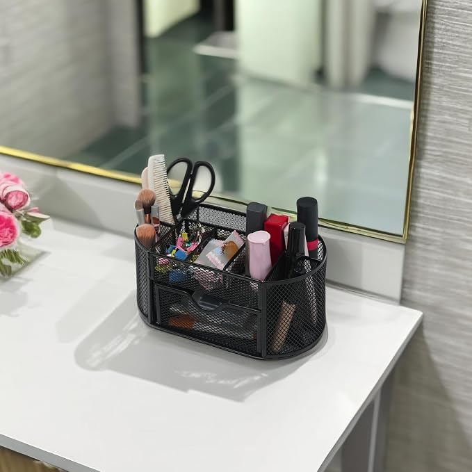 Newkita Desk Organizers and Accessories with Pencil Pen Holder Supply 8 Compartments and 1 Pullout Drawer for Home, School, and Office. (Black)