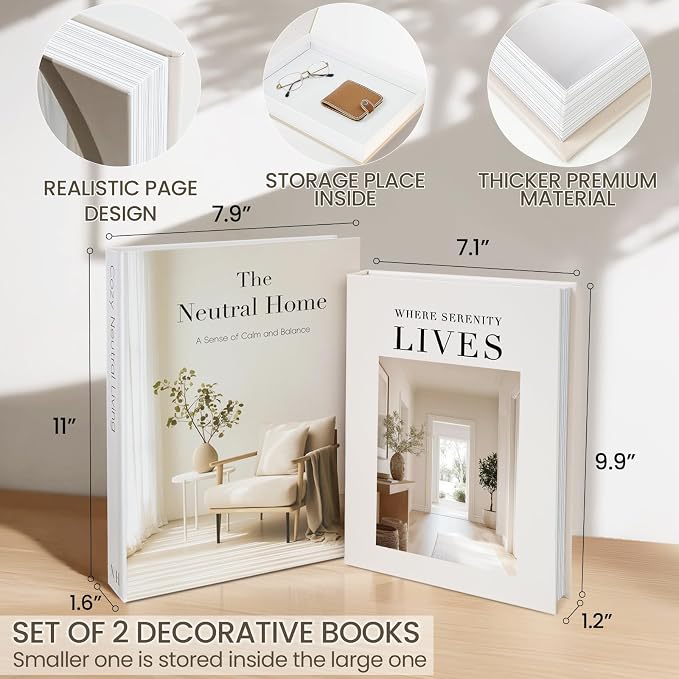 Decorative Books for Neutral Home, Fake Books Storage Boxes for Decoration | Set of 2 Coffee Table Books with Hidden Storage, Stackable Photo Keepsake Box for Living Room Bookshelf Decor, Beige