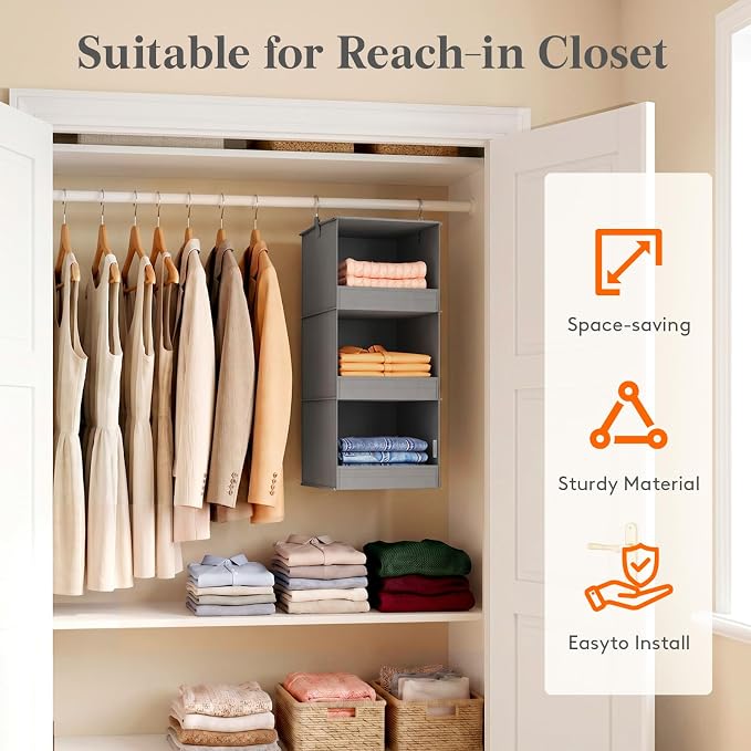 Lifewit 3 Tier Hanging Closet Organizer and Storage, Foldable Hanging Closet Shelves with 2 Sturdy Hooks, Clothes Organization for Sweater/Shoes/Coat, for Wardrobe, Bedroom, RV, Gray, 3 Pack