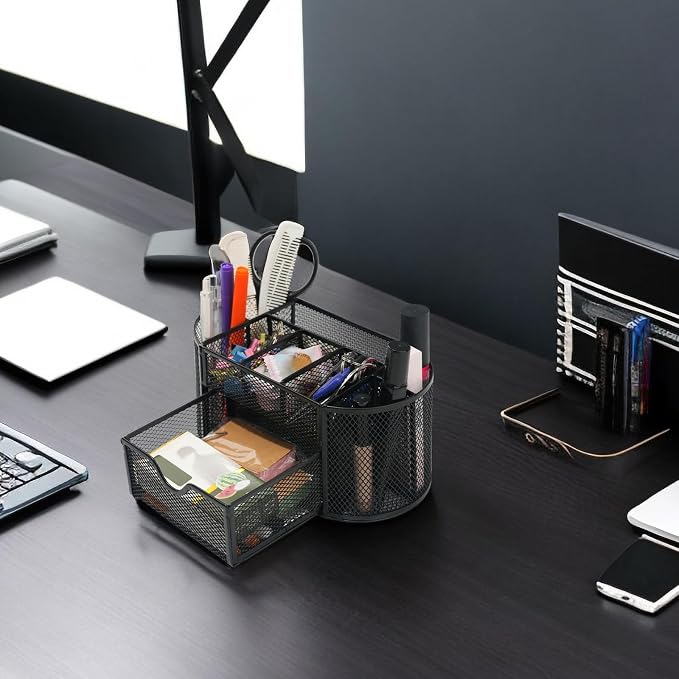Newkita Desk Organizers and Accessories with Pencil Pen Holder Supply 8 Compartments and 1 Pullout Drawer for Home, School, and Office. (Black)