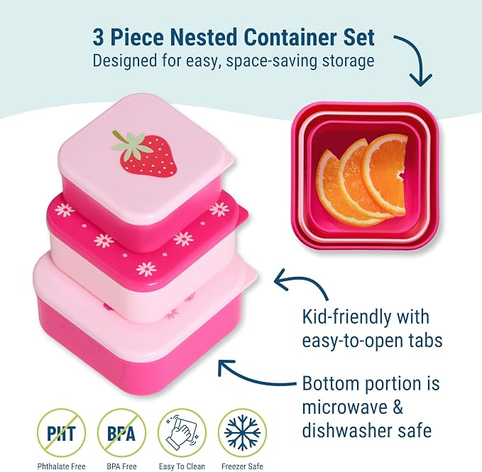 Wildkin Set of 3 Kids Nesting Food Containers for Girls – Stackable, Airtight & BPA-Free Snack Containers, Dishwasher Safe Lunch Box Containers for School & Travel, Ages 3–12 – Strawberry