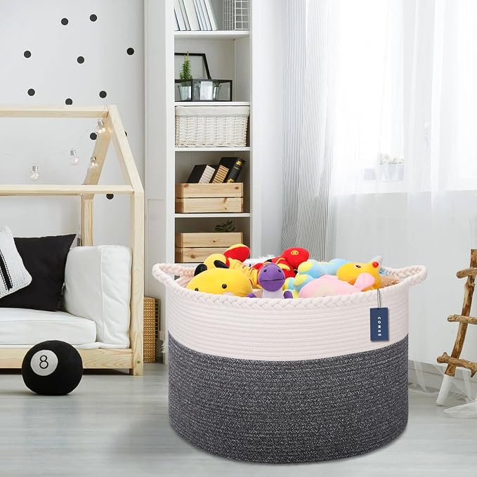 COMSE Extra Large Blanket Basket, Woven Laundry Basket, 21.7”x 13.8”, Nursery Hamper, Cotton Rope Laundry Hamper Living Room for Storage Toys Clothes Towels (White & Black)
