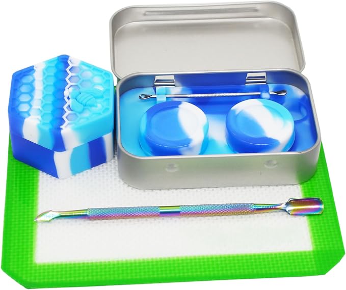 Silicone Wax Carving 5ml 26ml Hexagon Container Kit (Blue White) | with 5.2" Rainbow Tool and 5.9"×4.9" Mat