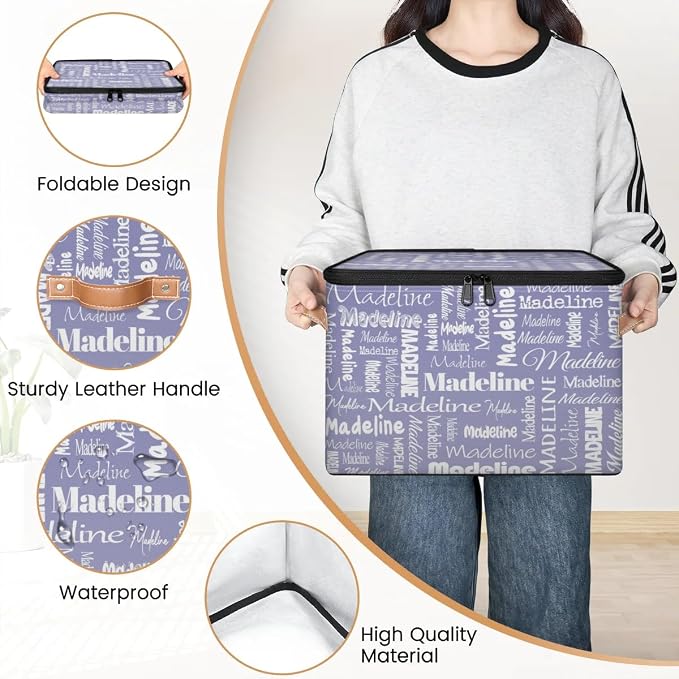 Custom Storage Basket with Name, Personalized Keepsake Box with Zipper Lid, Foldable Fabric Memory Bin Large capacity with Handle Haze Purple