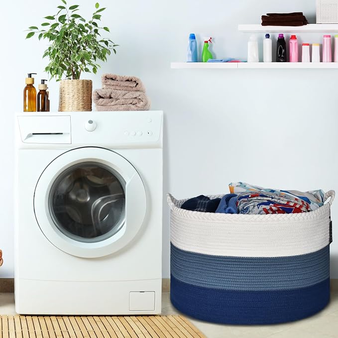 COMSE Extra Large Blanket Basket, Woven Laundry Basket, 21.7”x 13.8”, Nursery Hamper, Cotton Rope Laundry Hamper Living Room for Storage Toys Clothes Towels (White & Cadet Blue & Navy Blue)