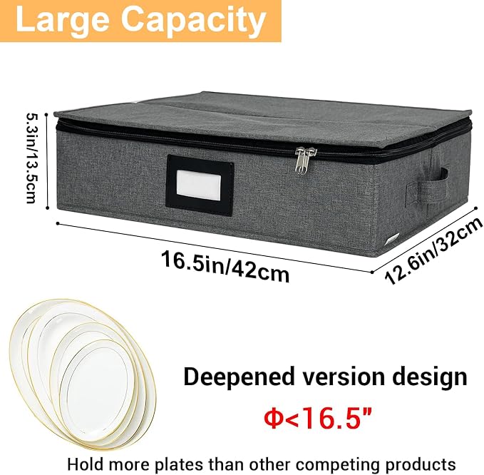 homyfort Platter Storage Case - Stackable China Storage Containers Hard Shell with Durable Zipper & Label & Sturdy Handles, 5.3” Height, Structured Top, 4 Felt Dividers Included (Dark Gray)
