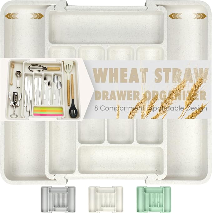 FANCILLA Heavy Duty Silverware Organizer for Kitchen Drawers - Large Wheat Straw Utensils Drawer Organizer, BPA-Free Adjustable Cutlery Holder, Dishwasher Safe, 6-8 Wider Slots (White)