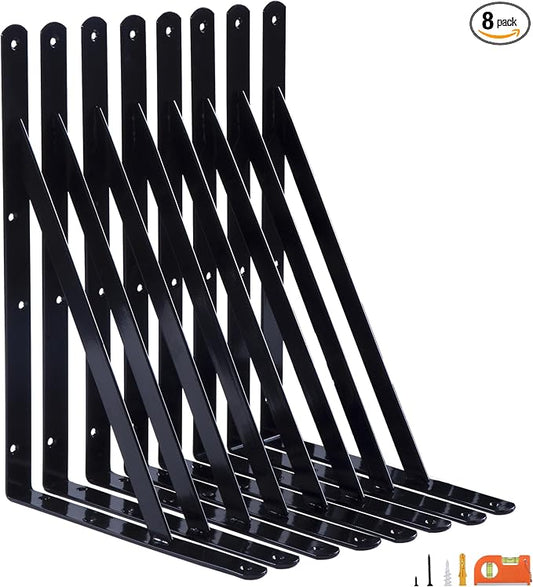 NEODROP 8-Pack 18 Inch Heavy Duty Shelf Brackets, Thicken Wall Bracket for Garage Floating Storage Shelves, 90 Degree Triangle Large L Bracket, Black Powder-Coated Steel