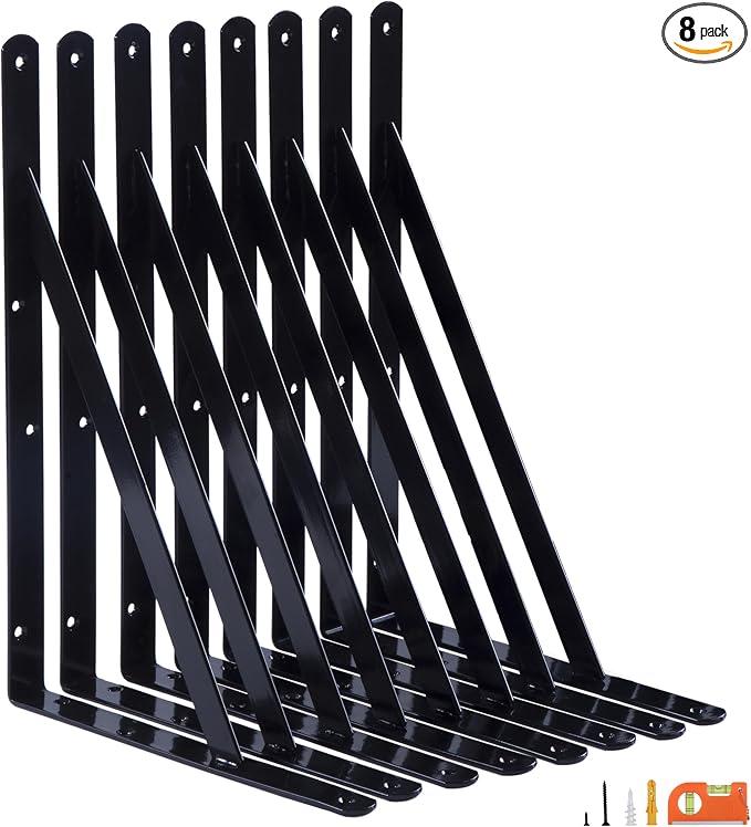 NEODROP 8-Pack 14 Inch Heavy Duty Shelf Brackets, Thicken Wall Bracket for Garage Floating Storage Shelves, 90 Degree Triangle Large L Bracket, Black Powder-Coated Steel
