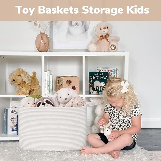 Goodpick Large Woven Basket 18" x 14" x 12" Cotton Rope Storage Baskets for Organizing, Rectangle Blanket Basket for Living Room Bedroom, Toy Baskets Storage Kids, White