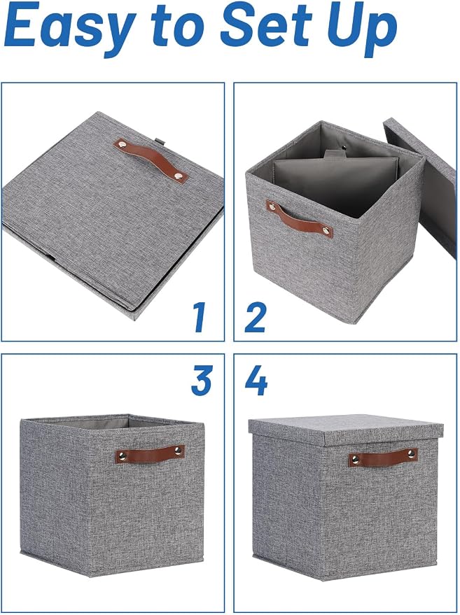 Temary Foldable Fabric Storage Bins with Lids, 2-Pack Storage Bin for Organizing Living Room, Closet Organization, Multi-Purpose Storage Boxes for Clothes (Grey, 10.5x10.5x10.5 inch)