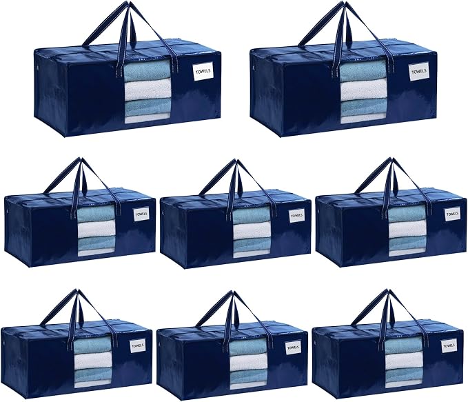 VENO 8 Pack Heavy Duty Moving Bags, Packing Bags with Clear Window, Alternative to Moving Boxes, Storage Bins for Clothes, Blankets, Comforters, College Dorm Essentials (Blue, 8 Pack)