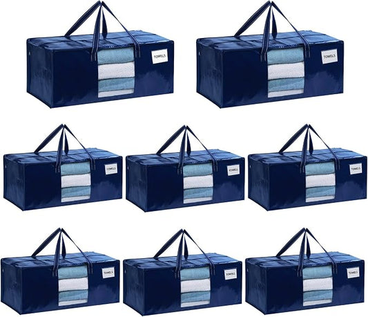 VENO 8 Pack Heavy Duty Moving Bags, Packing Bags with Clear Window, Alternative to Moving Boxes, Storage Bins for Clothes, Blankets, Comforters, College Dorm Essentials (Blue, 8 Pack)